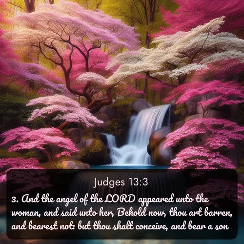 citation biblique : 3. And the angel of the LORD appeared unto the woman, and said unto her, Behold now, thou art barren, and bearest not: but thou shalt conceive, and bear a son.
 sur fond image nature