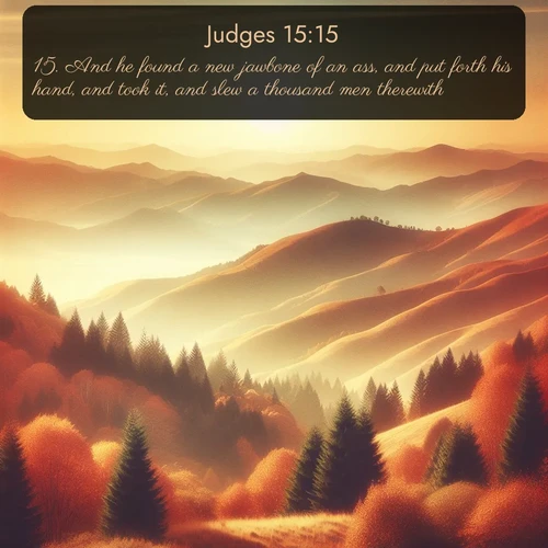 KJV Judges  ; image nature: image with the bible verse :And he found a new jawbone of an ass, and put forth his hand, and took it, and slew a thousand men therewith. ; Explore free Bible verse images with stunning nature themes, including sunlit paths, forest clearings, and endless horizons. Perfect for desktop backgrounds or phone wallpapers. Verses include KJV Judges 15:15. Current verse is overlayed with the thematic nature scene : Autumn colors paint hillsides in warm earth tones. ; 15:15