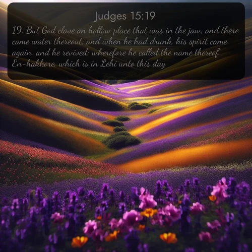 KJV Judges  ; image nature: image with the bible verse :But God clave an hollow place that was in the jaw, and there came water thereout; and when he had drunk, his spirit came again, and he revived: wherefore he called the name thereof En-hakkore, which is in Lehi unto this day. ; Browse a gallery of Bible verses paired with summer scenes, such as golden wheat fields, bright skies, and sunny beaches. These images convey the joy and warmth of God&#039;s creation. Download and share verses like KJV Judges 15:19. Current verse is overlayed with the thematic nature scene : Spring wildflowers carpet rolling hills in purple and gold. ; 15:19