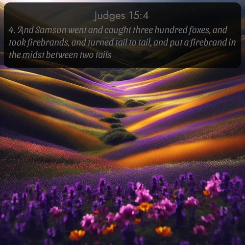 KJV Judges  ; image nature: image with the bible verse :And Samson went and caught three hundred foxes, and took firebrands, and turned tail to tail, and put a firebrand in the midst between two tails. ; Explore winter-themed Bible verse images illustrated by snowy mountains, frost-covered branches, and clear skies. These landscapes reflect divine purity and peace. Download verses like KJV Judges 15:4. Current verse is overlayed with the thematic nature scene : Spring wildflowers carpet rolling hills in purple and gold. ; 15:4