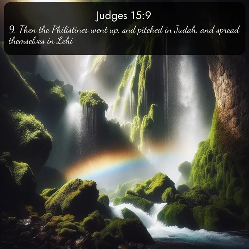 KJV Judges  ; image nature: image with the bible verse :Then the Philistines went up, and pitched in Judah, and spread themselves in Lehi. ; Explore beautiful Bible verse images paired with serene natural settings, such as calm seas, snowy paths, and verdant hills. Each image is free to download for your spiritual inspiration. Share KJV Judges 15:9. Current verse is overlayed with the thematic nature scene : A waterfall thunders through ancient moss-covered rocks while rainbow mist rises where water meets stone. ; 15:9