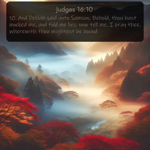 citation biblique : 10. And Delilah said unto Samson, Behold, thou hast mocked me, and told me lies: now tell me, I pray thee, wherewith thou mightest be bound.
 sur fond image nature