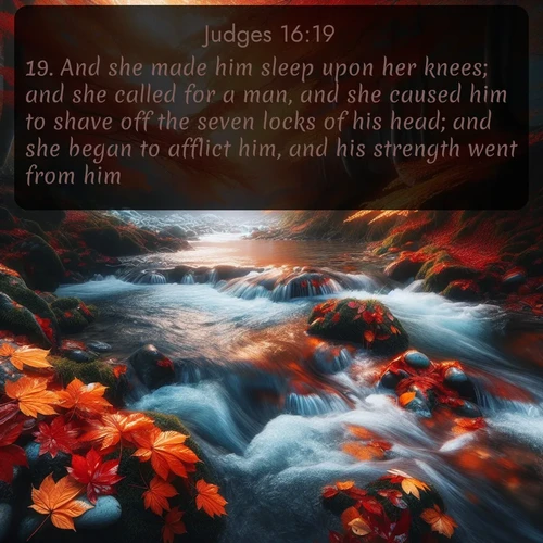 citation biblique : 19. And she made him sleep upon her knees; and she called for a man, and she caused him to shave off the seven locks of his head; and she began to afflict him, and his strength went from him.
 sur fond image nature