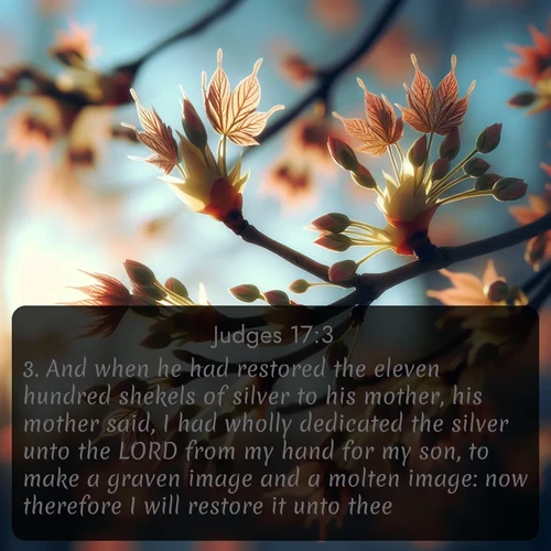citation biblique : 3. And when he had restored the eleven hundred shekels of silver to his mother, his mother said, I had wholly dedicated the silver unto the LORD from my hand for my son, to make a graven image and a molten image: now therefore I will restore it unto thee.
 sur fond image nature