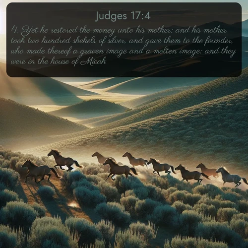 citation biblique : 4. Yet he restored the money unto his mother; and his mother took two hundred shekels of silver, and gave them to the founder, who made thereof a graven image and a molten image: and they were in the house of Micah.
 sur fond image nature