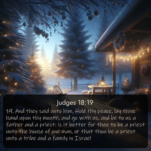 KJV Judges  ; image nature: image with the bible verse :And they said unto him, Hold thy peace, lay thine hand upon thy mouth, and go with us, and be to us a father and a priest: is it better for thee to be a priest unto the house of one man, or that thou be a priest unto a tribe and a family in Israel? ; Dive into our collection of Bible verses paired with coastal scenes, featuring calming waves, infinite beaches, and reflections of the sun on the water. These images evoke the peace and beauty of God. Share verses like KJV Judges 18:19. Current verse is overlayed with the thematic nature scene : Winter silence falls with evening snow. ; 18:19