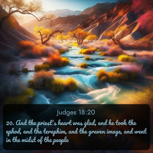 KJV Judges  ; image nature: image with the bible verse :And the priest&#039;s heart was glad, and he took the ephod, and the teraphim, and the graven image, and went in the midst of the people. ; Admire our free collection of Bible verse images with beautiful landscapes like sunlit forests, rippling waters, and radiant dawns. Each verse, such as KJV Judges 18:20, is ready to download and share. Current verse is overlayed with the thematic nature scene : Spring floods transform desert arroyos into rushing streams. ; 18:20