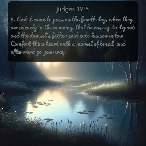KJV Judges  ; image nature: image with the bible verse :And it came to pass on the fourth day, when they arose early in the morning, that he rose up to depart: and the damsel&#039;s father said unto his son in law, Comfort thine heart with a morsel of bread, and afterward go your way. ; Admire Bible verse images illustrated by summer photos, such as sunny beaches, sparkling waves, and swaying palm trees. These bright scenes highlight the joy and warmth of God&#039;s creation. Download and share verses like KJV Judges 19:5. Current verse is overlayed with the thematic nature scene : Spring peepers call from a pond reflecting the first evening stars. ; 19:5