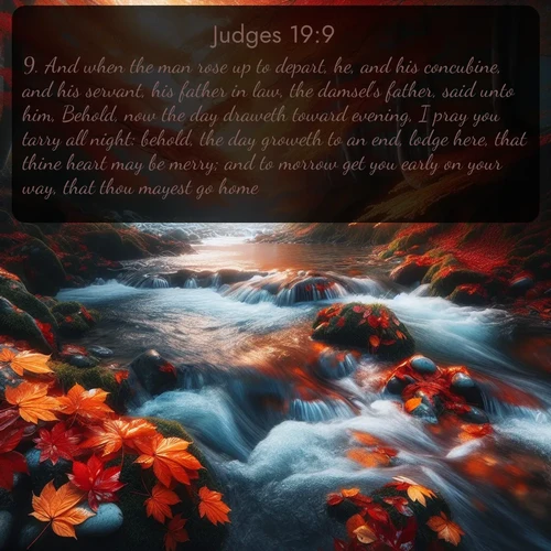 KJV Judges  ; image nature: image with the bible verse :And when the man rose up to depart, he, and his concubine, and his servant, his father in law, the damsel&#039;s father, said unto him, Behold, now the day draweth toward evening, I pray you tarry all night: behold, the day groweth to an end, lodge here, that thine heart may be merry; and to morrow get you early on your way, that thou mayest go home. ; Explore a collection of Bible verses paired with springtime scenes, featuring blooming flowers, lush meadows, and trees in full bloom. These images symbolize divine renewal and hope. Download inspiring verses like KJV Judges 19:9. Current verse is overlayed with the thematic nature scene : Autumn leaves swirl in eddies along a mountain stream. ; 19:9