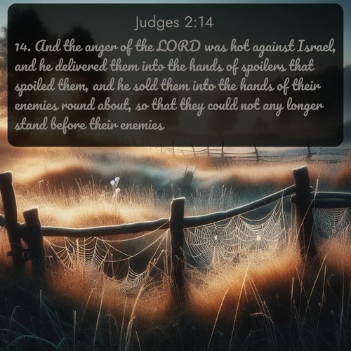 citation biblique : 14. And the anger of the LORD was hot against Israel, and he delivered them into the hands of spoilers that spoiled them, and he sold them into the hands of their enemies round about, so that they could not any longer stand before their enemies.
 sur fond image nature