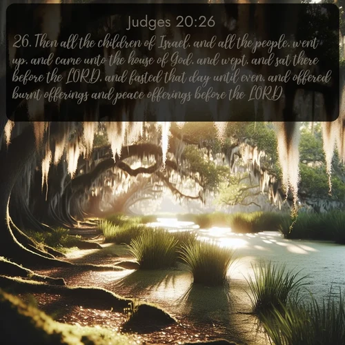 citation biblique : 26. Then all the children of Israel, and all the people, went up, and came unto the house of God, and wept, and sat there before the LORD, and fasted that day until even, and offered burnt offerings and peace offerings before the LORD.
 sur fond image nature