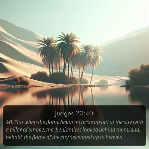 citation biblique : 40. But when the flame began to arise up out of the city with a pillar of smoke, the Benjamites looked behind them, and, behold, the flame of the city ascended up to heaven.
 sur fond image nature