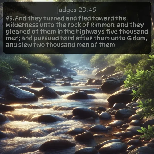 citation biblique : 45. And they turned and fled toward the wilderness unto the rock of Rimmon: and they gleaned of them in the highways five thousand men; and pursued hard after them unto Gidom, and slew two thousand men of them.
 sur fond image nature