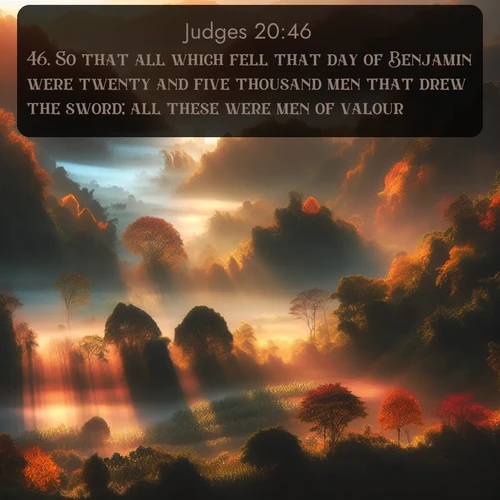 citation biblique : 46. So that all which fell that day of Benjamin were twenty and five thousand men that drew the sword; all these were men of valour.
 sur fond image nature