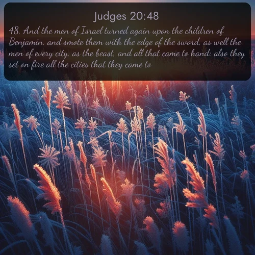 citation biblique : 48. And the men of Israel turned again upon the children of Benjamin, and smote them with the edge of the sword, as well the men of every city, as the beast, and all that came to hand: also they set on fire all the cities that they came to.
 sur fond image nature