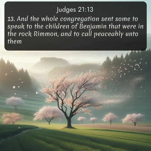 citation biblique : 13. And the whole congregation sent some to speak to the children of Benjamin that were in the rock Rimmon, and to call peaceably unto them.
 sur fond image nature