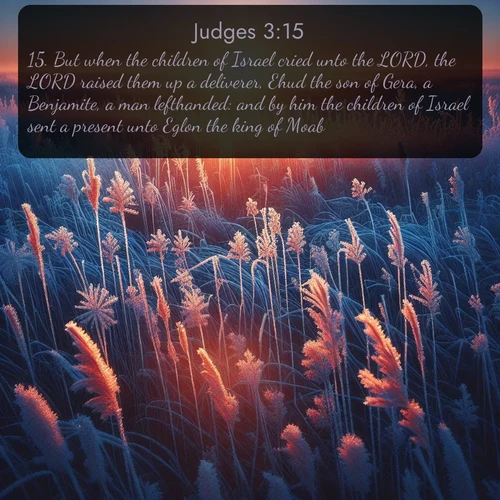 KJV Judges  ; image nature: image with the bible verse :But when the children of Israel cried unto the LORD, the LORD raised them up a deliverer, Ehud the son of Gera, a Benjamite, a man lefthanded: and by him the children of Israel sent a present unto Eglon the king of Moab. ; Discover Bible verse images capturing the warmth of summer, with beach landscapes, sunlit fields, and clear skies. These bright scenes reflect divine joy. Share verses like KJV Judges 3:15. Current verse is overlayed with the thematic nature scene : Winter sunrise illuminates frost-covered prairie grass. ; 3:15