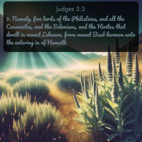 citation biblique : 3. Namely, five lords of the Philistines, and all the Canaanites, and the Sidonians, and the Hivites that dwelt in mount Lebanon, from mount Baal-hermon unto the entering in of Hamath.
 sur fond image nature