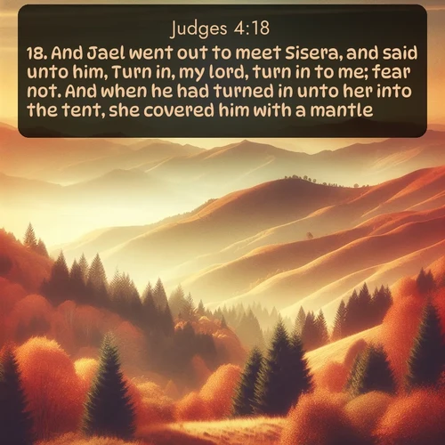 KJV Judges  ; image nature: image with the bible verse :And Jael went out to meet Sisera, and said unto him, Turn in, my lord, turn in to me; fear not. And when he had turned in unto her into the tent, she covered him with a mantle. ; Admire our free collection of Bible verse images with beautiful landscapes like sunlit forests, rippling waters, and radiant dawns. Each verse, such as KJV Judges 4:18, is ready to download and share. Current verse is overlayed with the thematic nature scene : Autumn colors paint hillsides in warm earth tones. ; 4:18
