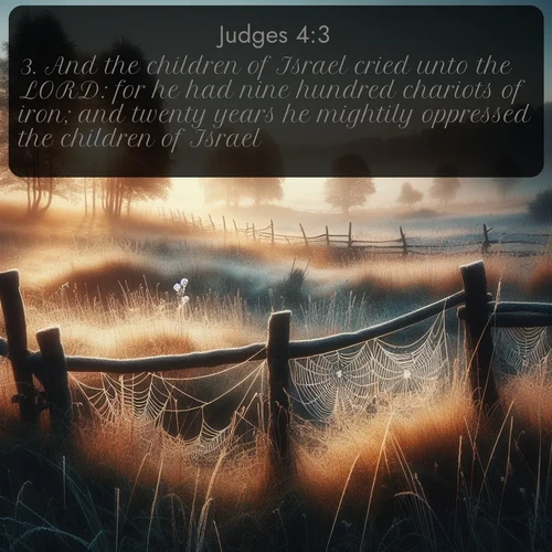 citation biblique : 3. And the children of Israel cried unto the LORD: for he had nine hundred chariots of iron; and twenty years he mightily oppressed the children of Israel.
 sur fond image nature