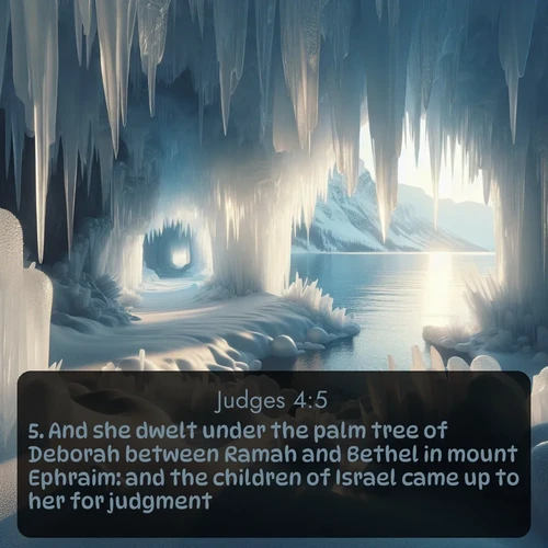 citation biblique : 5. And she dwelt under the palm tree of Deborah between Ramah and Bethel in mount Ephraim: and the children of Israel came up to her for judgment.
 sur fond image nature