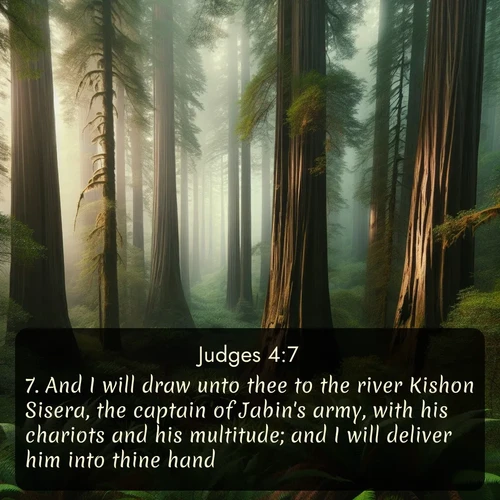 citation biblique : 7. And I will draw unto thee to the river Kishon Sisera, the captain of Jabin&#039;s army, with his chariots and his multitude; and I will deliver him into thine hand.
 sur fond image nature