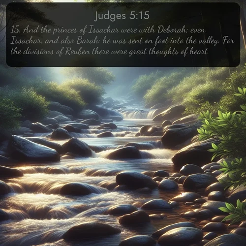 KJV Judges  ; image nature: image with the bible verse :And the princes of Issachar were with Deborah; even Issachar, and also Barak: he was sent on foot into the valley. For the divisions of Reuben there were great thoughts of heart. ; Admire our gallery of Bible verse images paired with serene nature photography, featuring starlit skies, golden sands, and blooming wildflowers. Download and share verses like KJV Judges 5:15. Current verse is overlayed with the thematic nature scene : A mountain stream tumbles over smooth rocks between banks of mountain laurel. ; 5:15