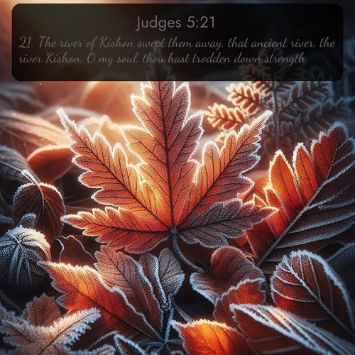 KJV Judges  ; image nature: image with the bible verse :The river of Kishon swept them away, that ancient river, the river Kishon. O my soul, thou hast trodden down strength. ; Admire Bible verse images illustrated by summer photos, such as sunny beaches, sparkling waves, and swaying palm trees. These bright scenes highlight the joy and warmth of God&#039;s creation. Download and share verses like KJV Judges 5:21. Current verse is overlayed with the thematic nature scene : Autumn frost rims fallen leaves with crystal. ; 5:21