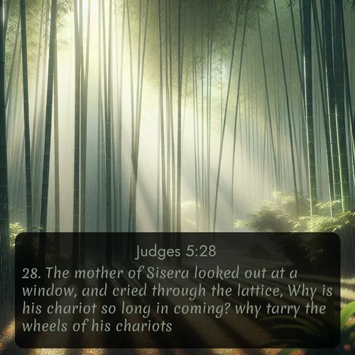 KJV Judges  ; image nature: image with the bible verse :The mother of Sisera looked out at a window, and cried through the lattice, Why is his chariot so long in coming? why tarry the wheels of his chariots? ; Discover a unique collection of Bible verses adorned with winter landscapes, such as snow-covered forests, gently falling snowflakes, and pristine mountains. These images evoke the peace and purity of God&#039;s creation. Share verses like KJV Judges 5:28. Current verse is overlayed with the thematic nature scene : Bamboo forests cast striped shadows while a gentle rain patters on broad leaves. ; 5:28