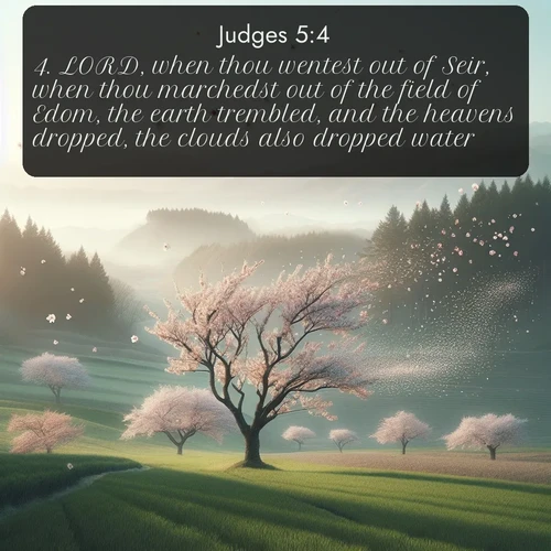 KJV Judges  ; image nature: image with the bible verse :LORD, when thou wentest out of Seir, when thou marchedst out of the field of Edom, the earth trembled, and the heavens dropped, the clouds also dropped water. ; Explore a winter collection of Bible verse images adorned with photos of icy landscapes, frozen waterfalls, and snow-covered forests. These scenes capture divine tranquility and purity. Download inspiring verses like KJV Judges 5:4. Current verse is overlayed with the thematic nature scene : Spring winds scatter cherry blossoms like snow. ; 5:4