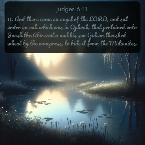 KJV Judges  ; image nature: image with the bible verse :And there came an angel of the LORD, and sat under an oak which was in Ophrah, that pertained unto Joash the Abi-ezrite: and his son Gideon threshed wheat by the winepress, to hide it from the Midianites. ; Discover beautiful Bible verse images enriched with natural landscapes, from serene beaches to cascading waterfalls. All images are free and ready to download. Share verses such as KJV Judges 6:11. Current verse is overlayed with the thematic nature scene : Spring peepers call from a pond reflecting the first evening stars. ; 6:11