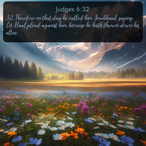 KJV Judges  ; image nature: image with the bible verse :Therefore on that day he called him Jerubbaal, saying, Let Baal plead against him, because he hath thrown down his altar. ; Browse a gallery of Bible verses paired with summer scenes, such as golden wheat fields, bright skies, and sunny beaches. These images convey the joy and warmth of God&#039;s creation. Download and share verses like KJV Judges 6:32. Current verse is overlayed with the thematic nature scene : Spring wildflowers carpet an alpine meadow beneath snow-capped peaks. ; 6:32