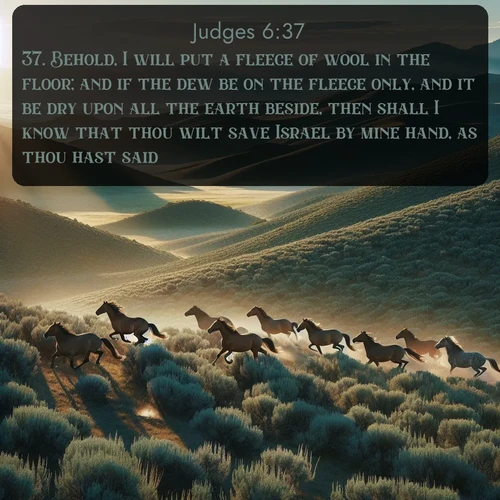 KJV Judges  ; image nature: image with the bible verse :Behold, I will put a fleece of wool in the floor; and if the dew be on the fleece only, and it be dry upon all the earth beside, then shall I know that thou wilt save Israel by mine hand, as thou hast said. ; Browse our collection of vibrant Bible verse images set against calming backdrops like tropical shores, quiet woods, and majestic mountains. Download free wallpapers featuring KJV Judges 6:37. Current verse is overlayed with the thematic nature scene : Wild mustangs gallop across sage-covered hills in the morning light. ; 6:37