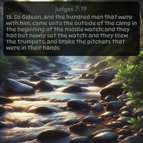 citation biblique : 19. So Gideon, and the hundred men that were with him, came unto the outside of the camp in the beginning of the middle watch; and they had but newly set the watch: and they blew the trumpets, and brake the pitchers that were in their hands.
 sur fond image nature