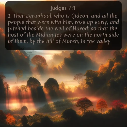 citation biblique : 1. Then Jerubbaal, who is Gideon, and all the people that were with him, rose up early, and pitched beside the well of Harod: so that the host of the Midianites were on the north side of them, by the hill of Moreh, in the valley.
 sur fond image nature