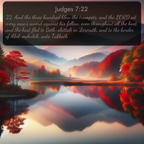 citation biblique : 22. And the three hundred blew the trumpets, and the LORD set every man&#039;s sword against his fellow, even throughout all the host: and the host fled to Beth-shittah in Zererath, and to the border of Abel-meholah, unto Tabbath.
 sur fond image nature