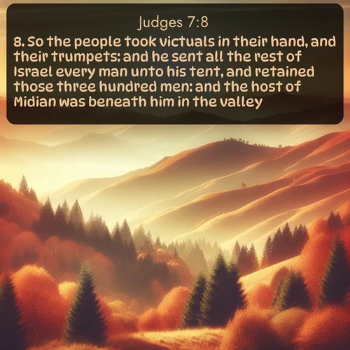 citation biblique : 8. So the people took victuals in their hand, and their trumpets: and he sent all the rest of Israel every man unto his tent, and retained those three hundred men: and the host of Midian was beneath him in the valley.
 sur fond image nature