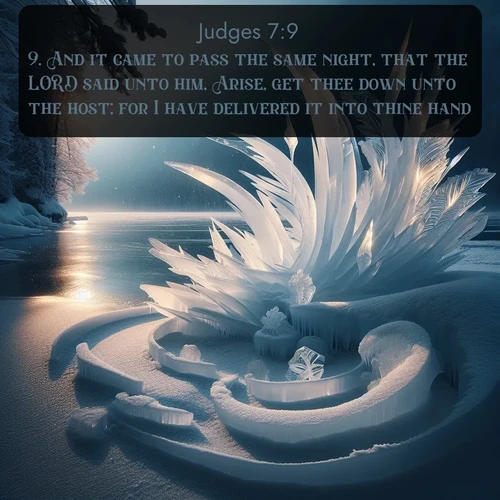 citation biblique : 9. And it came to pass the same night, that the LORD said unto him, Arise, get thee down unto the host; for I have delivered it into thine hand.
 sur fond image nature