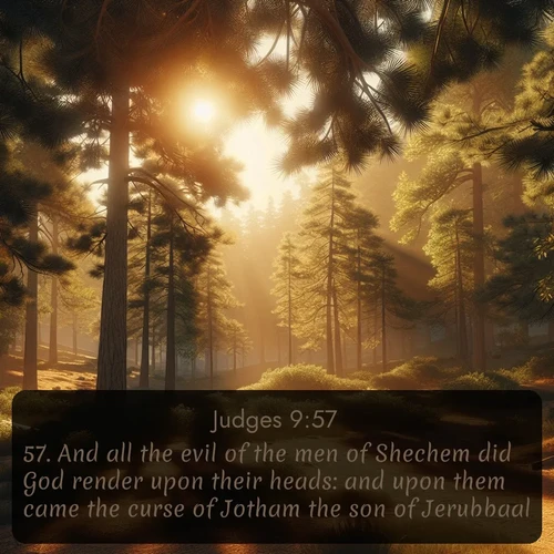 citation biblique : 57. And all the evil of the men of Shechem did God render upon their heads: and upon them came the curse of Jotham the son of Jerubbaal.
 sur fond image nature