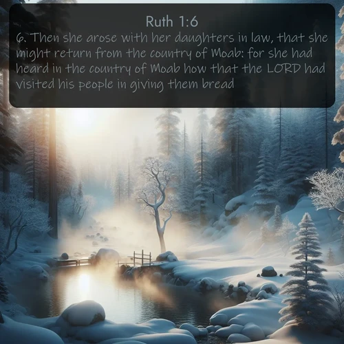 citation biblique : 6. Then she arose with her daughters in law, that she might return from the country of Moab: for she had heard in the country of Moab how that the LORD had visited his people in giving them bread.
 sur fond image nature