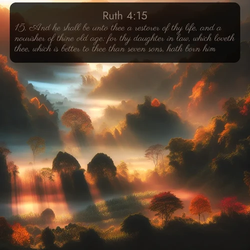 citation biblique : 15. And he shall be unto thee a restorer of thy life, and a nourisher of thine old age: for thy daughter in law, which loveth thee, which is better to thee than seven sons, hath born him.
 sur fond image nature