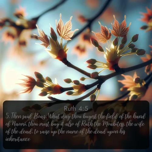 citation biblique : 5. Then said Boaz, What day thou buyest the field of the hand of Naomi, thou must buy it also of Ruth the Moabitess, the wife of the dead, to raise up the name of the dead upon his inheritance.
 sur fond image nature