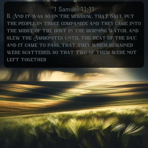 KJV 1 Samuel  ; image nature: image with the bible verse :And it was so on the morrow, that Saul put the people in three companies; and they came into the midst of the host in the morning watch, and slew the Ammonites until the heat of the day: and it came to pass, that they which remained were scattered, so that two of them were not left together. ; Dive into our collection of Bible verses paired with coastal scenes, featuring calming waves, infinite beaches, and reflections of the sun on the water. These images evoke the peace and beauty of God. Share verses like KJV 1 Samuel 11:11. Current verse is overlayed with the thematic nature scene : Summer storms approach across vast prairie skies. ; 11:11