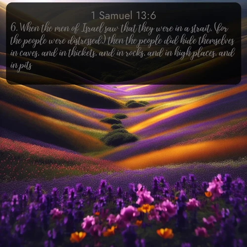 KJV 1 Samuel  ; image nature: image with the bible verse :When the men of Israel saw that they were in a strait, (for the people were distressed,) then the people did hide themselves in caves, and in thickets, and in rocks, and in high places, and in pits. ; Explore a rich collection of Bible verse images beautifully illustrated by natural landscapes, such as colorful skies, towering mountains, and tranquil rivers. The images highlight the serenity of God&#039;s creation with vivid tones and carefully chosen typography. Download and share inspiring verses like KJV 1 Samuel 13:6. Current verse is overlayed with the thematic nature scene : Spring wildflowers carpet rolling hills in purple and gold. ; 13:6