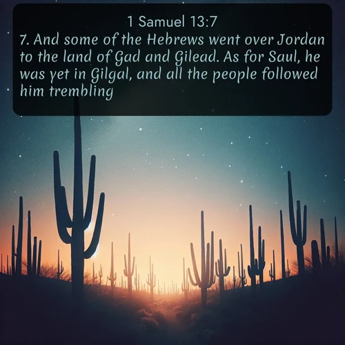 KJV 1 Samuel  ; image nature: image with the bible verse :And some of the Hebrews went over Jordan to the land of Gad and Gilead. As for Saul, he was yet in Gilgal, and all the people followed him trembling. ; Admire Bible images evoking autumn, with warm colors of fallen leaves, harvested fields, and tranquil woods. These inspiring landscapes reflect the transition and beauty of God&#039;s creation. Download verses like KJV 1 Samuel 13:7. Current verse is overlayed with the thematic nature scene : Desert stars shine brilliantly above towering saguaro silhouettes. ; 13:7