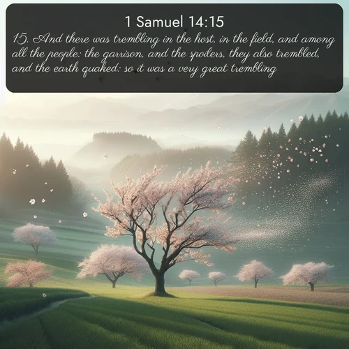 citation biblique : 15. And there was trembling in the host, in the field, and among all the people: the garrison, and the spoilers, they also trembled, and the earth quaked: so it was a very great trembling.
 sur fond image nature