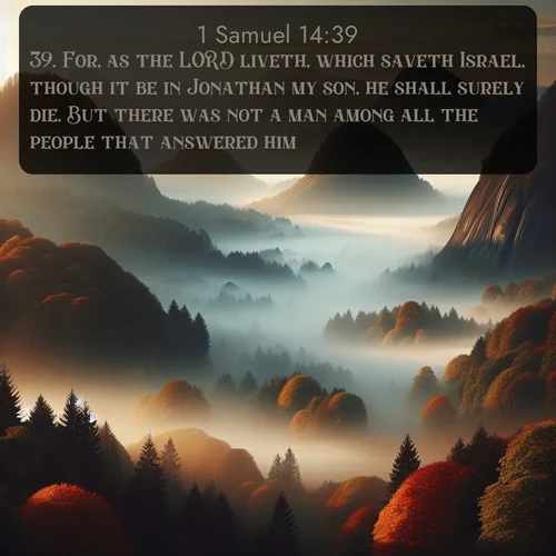 citation biblique : 39. For, as the LORD liveth, which saveth Israel, though it be in Jonathan my son, he shall surely die. But there was not a man among all the people that answered him.
 sur fond image nature