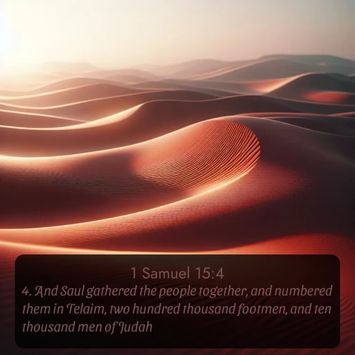 KJV 1 Samuel  ; image nature: image with the bible verse :And Saul gathered the people together, and numbered them in Telaim, two hundred thousand footmen, and ten thousand men of Judah. ; Explore a spring collection of Bible images, with landscapes of green hills, wildflowers, and crystal-clear streams. These images symbolize the blossoming of God&#039;s creation. Download verses like KJV 1 Samuel 15:4. Current verse is overlayed with the thematic nature scene : Desert wind sculpts abstract patterns in red sand. ; 15:4