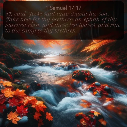 citation biblique : 17. And Jesse said unto David his son, Take now for thy brethren an ephah of this parched corn, and these ten loaves, and run to the camp to thy brethren;
 sur fond image nature