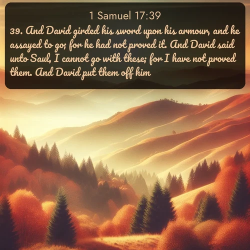 citation biblique : 39. And David girded his sword upon his armour, and he assayed to go; for he had not proved it. And David said unto Saul, I cannot go with these; for I have not proved them. And David put them off him.
 sur fond image nature